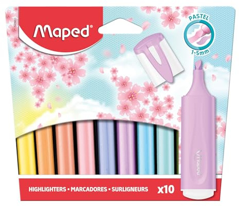 Maped - 6 evidenziatori pastello + 4 evidenziatori pastello glitterati - Punta a scalpello - Evidenziatori a lunga durata per uso scolastico e professionale