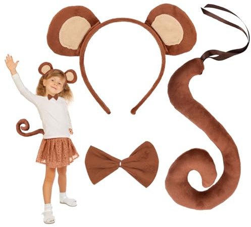 EUPSIIU 3 stycken apor, kostym med öron, svans och fluga – djurdräkt för barn flickor, karneval, halloween, karneval cosplay
