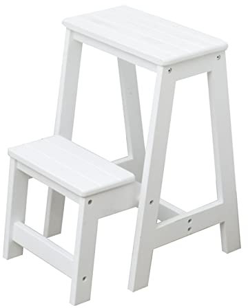 Klappbarer Tritthocker aus Holz, 2 Stufen, Leiterstuhl für Zuhause, Küche, Bibliothek, weißes Finish