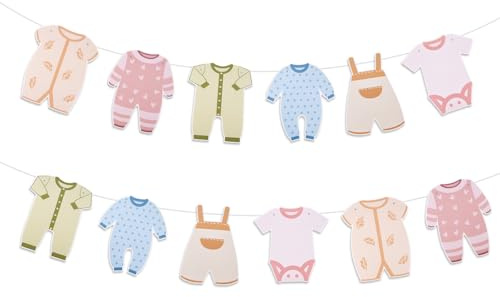 Papel Guirnaldas Baby Shower, Pancarta con Ropa de Bebé Monos de Manga Corta Preencordados Decoraciones para Tendedero de Ropa para Bebé Que Revelan el Género para Bebés Recién Nacidos