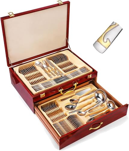 72-teiliges Besteckset aus Edelstahl, Besteckset für 12 Personen in Einer Box, Sammler-Edelstahlgeschirr mit Geschenk-Tragetasche, Gabel- und Löffel-Besteckset in Einer Box, Silber und Gold(Flame)
