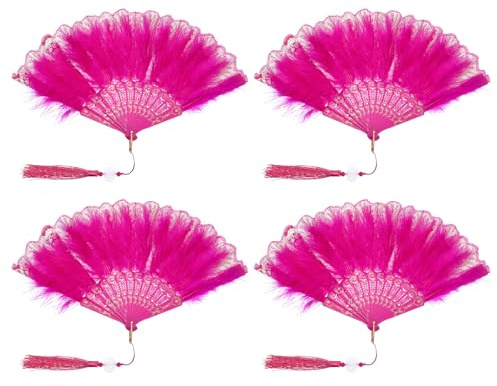 PATIKIL Embroidered Flower Marabou Feather Fan, 4 Pack 1920s Vintage Folding Handheld Fan Chinese Flapper Hand Fan for Costume Party Dancing Wedding Show Tea Decoration, Rose Red