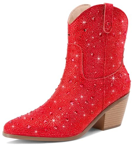 RONILURN Women Cowgirl Rhinestone Mid Calf Boots Sparkly Glitter Boots Bling Pointed Toe Chunky Heel Pull On, Red&red Ankle, 6.5 UK
