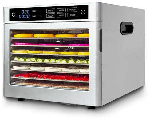 Food Dehydrator 8 Trays, oiyocemo 6 Presets for Fruits, Veggie, Meats, Herbs, Ferment, Warm, 85°C Temperature Control, 24H Timer, 500W Dehydrator Machine, Stainless Steel, Recipe Included
