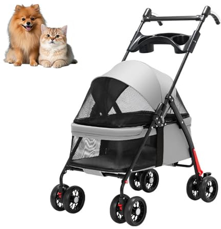 Travel Pet Stroller, Dogs Cats Foldable Travel Carriage with 4 Wheels Cup Holder Rain Cover Small Medium Sized Dog Cat Trolley Pushchair for Small Puppy, Gray