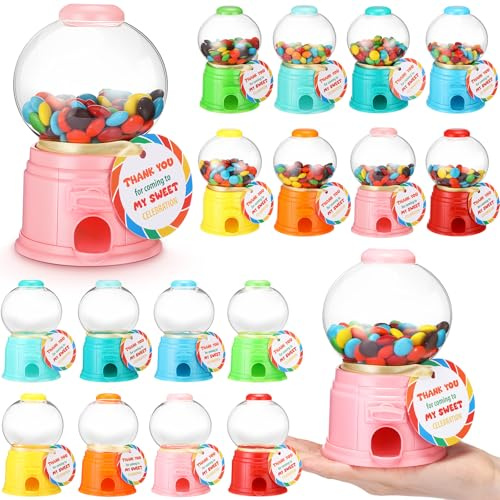 Foilswirl 16 Set Candy Theme Party Favors with 5 Inch Mini Candy Dispenser Thank You Cards Plastic Gumball Machines for Birthday Party Supplies Sweet Celebration Decorations