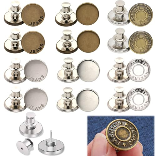 CUVZORA 12 Stück Jeansknopf ohne Nähen, Verstellbare Hosen, 17mm Ersatz Knöpfe, DIY Button Pins Jeans, Jeansknöpfe für Hosenbund enger machen und Jeansreparatur