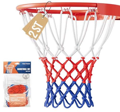 2 pezzi Rete per Basket Professionale 150g, Rete Resistente per Canestro Esterno, Anti Aggrovigliamento, Facile da Installare 12 Ganci, Colori Bianco Rosso Blu