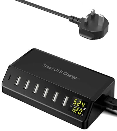 USB Charger 60W 7-Port USB Desktop Charger with LED Screen, Multi-Device Charging Station with Real-Time Power Monitoring for Phone,Fast Charging Hub for Home, Office, Travel