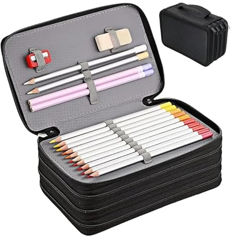 GOEDCH Estuche grande con 72 ranuras, 4 compartimentos, con cremallera, gran capacidad para estudiantes, trabajo, oficina, organizador de bolígrafos, material escolar, color negro