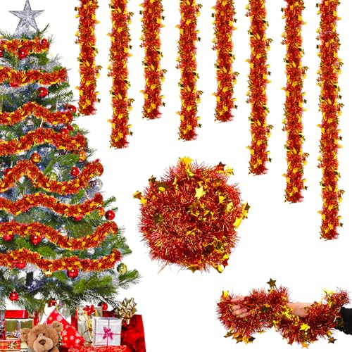 Lametta Weihnachtsbaum Rot Gold- 6PCS Weihnachtsdeko Lametta Girlande Weihnachtsgirlande mit Stern 12M Glitzer Christmas Girlande Deko Weihnachten Outdoor Weihnachtsbaum Tür Treppen Girland Deko