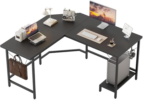 Mericonia L Shaped Desk, Diamond Design for Socket, 120x110cm, Black | Corner Gaming Desk with 2 Hooks, Easy to Assemble, Computer Desk for Home Office, All-in-One Solution for Work & Leisure