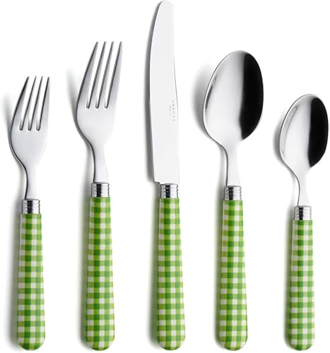 ANNOVA Juego de cubiertos, juego de cubiertos de acero inoxidable, incluye cuchillos, tenedores, cucharas, tenedores para ensalada y cucharas para postre (Checker Verde, 20 piezas)
