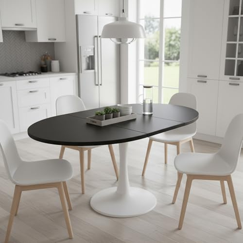 Tavolo da pranzo rotondo allungabile, moderno tavolo da cucina nero, 100/140 x 100 x 75 cm, 2-6 posti, elegante tavolo da pranzo espandibile con gambe bianche, perfetto per spazi multifunzionali