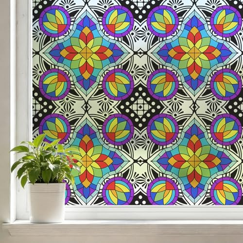 dktie Statisch-haftende Fensterfolie, Farbige Blickdichte Sichtschutzfolie, Anti-UV, Mattiertes Material, Muster im Bohème-Stil, Geeignet für Wohnzimmer, Küchen und Büros, 89 x 200 cm