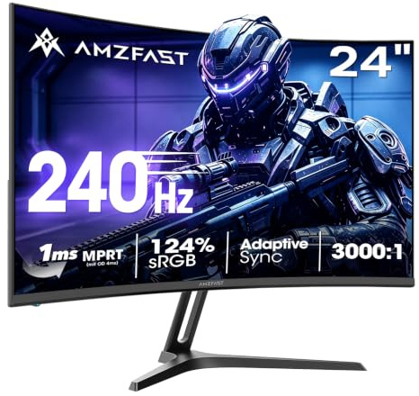 Amzfast Ecran PC Gamer Incurvé 24 Pouces 240Hz/FHD 1920x1080 Moniteur, DCI-P3 93% / sRGB 124%, 1ms MPRT, Anti-Lumière Bleue, Adaptive Sync, VESA 75x75, AMZG24C1Pro