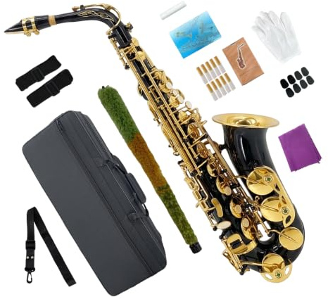 Conboxus E-Flat Altsaxophon, schwarzer Lack mit Messingkörper, inklusive Koffer, Mundstück, Blätter, Umhängeband und mehr, ideal für Anfänger und Anfänger (schwarz)