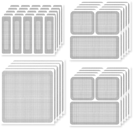 AEUXZA Set Riparazione Zanzariera 60 Pezzi (20 Fogli), Nastro Adesivo in Fibra di Vetro per Finestre & Porte, Toppe Antinsetti in 4 Misure, Grigio