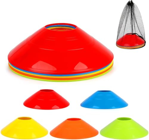 Dawumin 30 Conos de Entrenamiento Fútbol con Bolsa, Conos Deportivos 5 Colores, Conos de Señalización Flexibles para Slalom, Agilidad, Coordinación, Hockey, Rugby y Entrenamiento Deportivo | Apilable y repetible