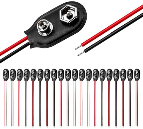 20 Piezas Conector Pila 9V Clip Batería con Cable de 15 cm, Conectores para Pila 9V de Plástico en I y Cuero, Ideal para Electrónica DIY, Portapilas Luces LED y Reparaciones – Negro