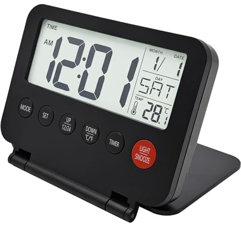 Klyk Digital Travel Alarm Clock, Foldable Battery Operated Small Clock | Thin Portable Clocks with LCD Display Backlight Calendar Temperature Snooze 5min 12/24H Weekend for Desktop, Bed Side