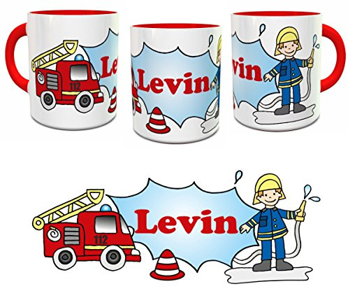 Kilala Kinder Tasse Feuerwehr Feuerwehrauto mit Wunschname - Namenstasse rot personalisierte Feuerwehrmann Name Frühstück