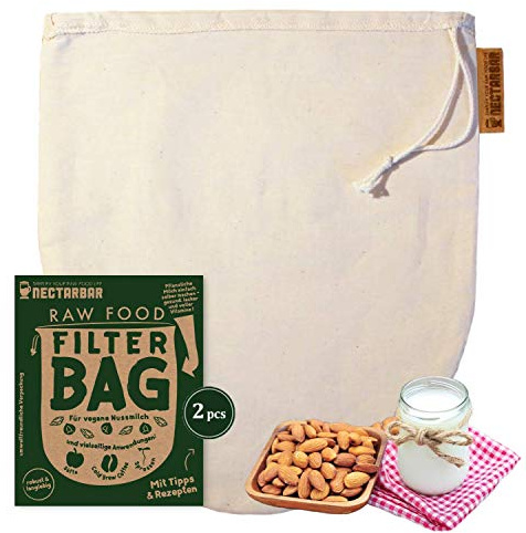 NECTARBAR Nussmilchbeutel Baumwolle 2er Set 25 x 30 cm – handgefertigt – Eco Nut Milk Bag – Filterbeutel für Mandelmilch, Nussmilch & Säfte – mit Kordelzug – plastikfrei – Made in Germany