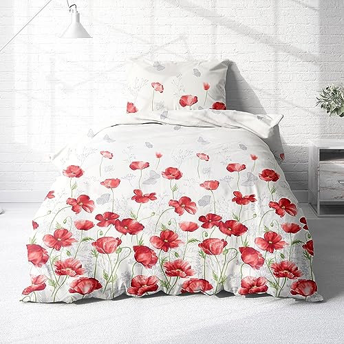 Träumschön Premium Bettwäsche 135x200 + 80x80 cm - Mohnblumen Design - Sommer Bettwäsche aus Baumwolle – Weich, Atmungsaktiv & Hautfreundlich - bügelfrei