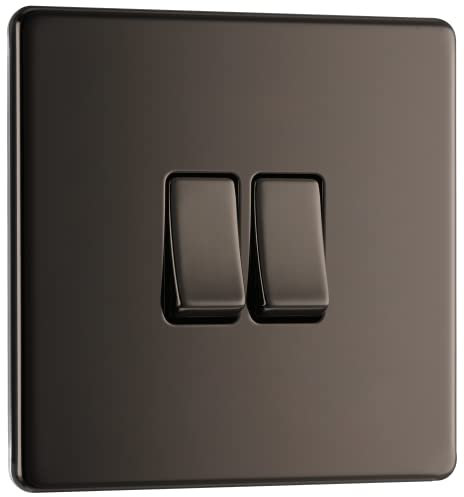 BG Electrical Double Wall Light Switch, 2 Way, Screwless Front Plate, Slim Profile, Premium Flatplate, Black Nickel, 20A, 16AX, FBN42