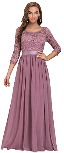 Ever-Pretty Women's Round Neck 3/4 Sleeves A Line Empire Waist Lace Elegant Maxi Bridesmaid Dresses Orchid 30UK