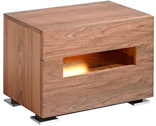 Angel Cerdá - Table de Chevet avec Éclairage LED en Noyer Naturel - Design Moderne avec Tiroirs à Fermeture Douce et Cavité Centrale Éclairée - 58 x 38 x 41 cm