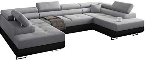 Ecksofa Miami U mit Schlaffunktion, Eckcouch mit Bettkasten, U Form Couch, Ecksofa mit Bettkasten, Sofagarnitur mit Schalffunktion, 338 x 203 cm (Hellgrau + Schwarzer Kunstleder -EKO)