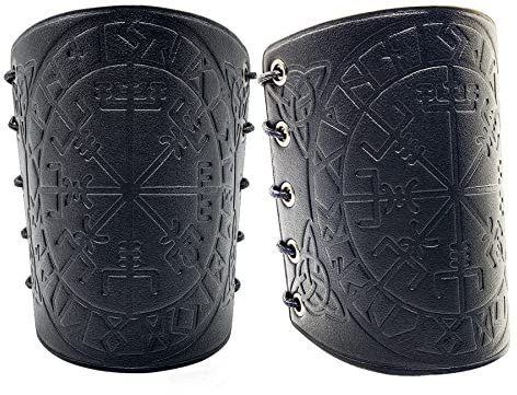 Sehaby Bracciali in Pelle, Braccio in Rilievo Vichingo con Armatura Regolabile e Guanto di Protezione - Bracciali Medievali per Uomo e Donna (Nero)