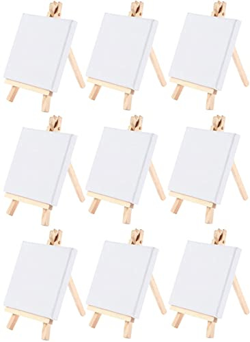 9 Stück Leinwand mit Mini Staffelei - Holz Dekoration für Display, Fotos, Visitenkarten, Fotoalben, Poster, Memo und Malhandwerk