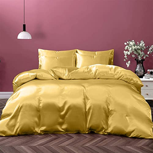 Cloud Fino 100% Pure Silk Satin Duvet with Fitted Sheet Set 4pcs, Silk Satin Fitted Sheet 15'' Deep Pocket,Silk Satin Duvet Cover,Silk Satin Pillowcases Set !!!(King Gold)