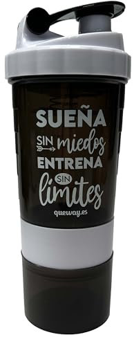 QUE WAY.ES Vaso mezclador Shaker de proteínas | Apartado para cápsulas | Vaso para polvos | Coctelera de proteínas y batidos détox, vitamínicos o dietéticos | Cierre con tapa | Color Blanco/Negro