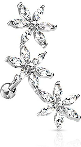 Treuheld® Kurzer Piercing Stab mit Kristall-Blume | 5 Farben