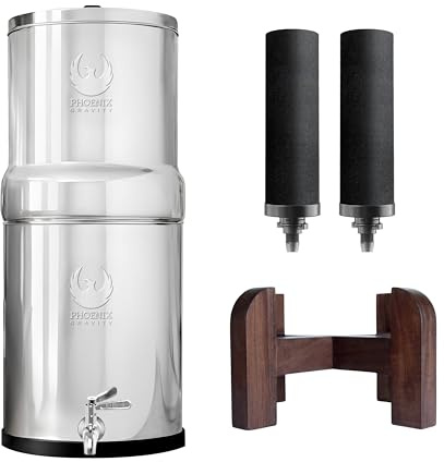 Phoenix Gravity - 8 litres certifié NSF/ANSI 42 et 372 système de filtration d’eau sur comptoir en acier inoxydable avec 2 cartouches Smart Carbon (noir), Free acier inoxydable Tap et Teak Wood Stand