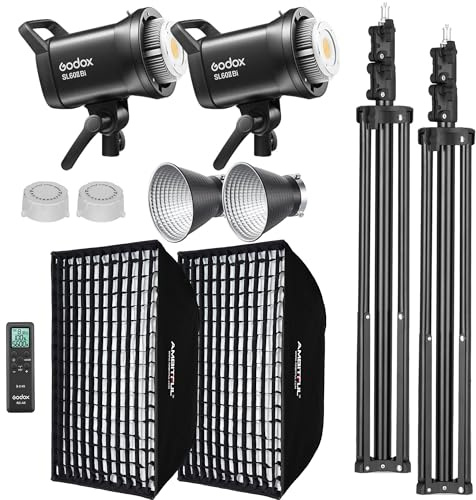 Godox SL60II-Bi LED Video Light Kit 2 Pack 2800K-6500K Bi-Color Continuous Light, Square Grid Softbox,Light Stand, Remote Control & Honeycomb Grid for Studio Video Recording, Filming, Podcast (2PCS)
