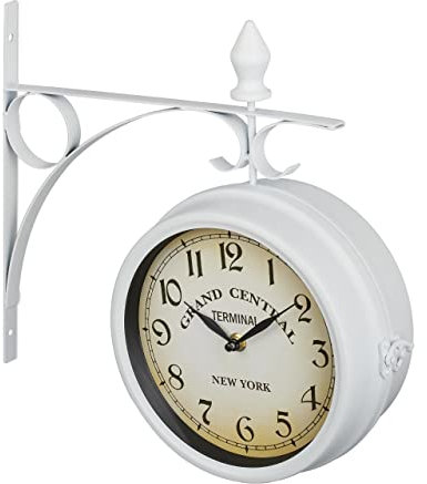 Relaxdays Bahnhofsuhr doppelseitig, New York, Retro, Batterie, analog, Wanduhr Vintage Deko, HxBxT 34 x 35 x 10 cm, weiß