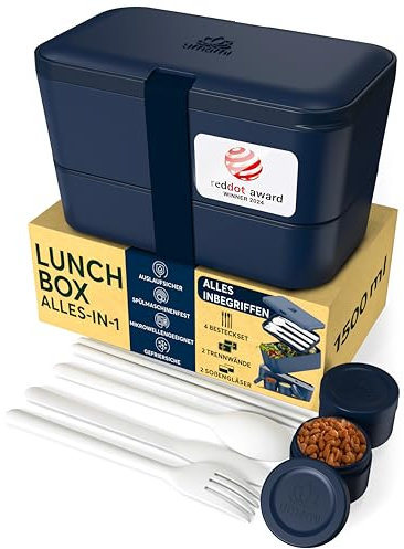 Umami Lunchbox Erwachsene, Verschachtelbar Auslaufsichere Bento Box mit 4 Bestecke & Fächern, Brotdose Erwachsene, Salatbehälter To-Go, Lunch Box für Picknick/Büro, Mitternachtsblau, 1500 ml