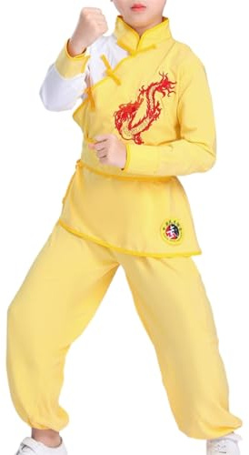 BK FASO Kung Fu Suit for Boys Girls Traditional Outfit Chinese Embroidered Tai Chi Wing Chun Master Martial Arts Sets, Yellow, 130cm