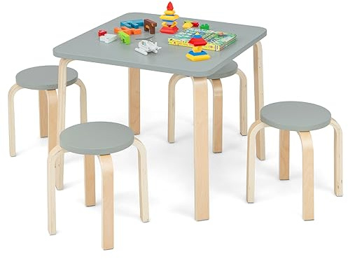 COSTWAY 5-Piece Kids Table and Chair Sets, Children Study Desk with 4 Round Chairs, Toddler Activity Furniture for Kid’s Room, Play Room, Kindergarten (Grey+ Natural)