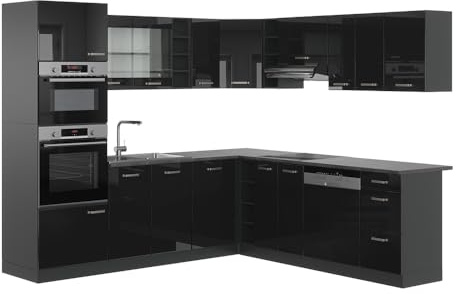 Vicco Eckküche R-Line, Schwarz Hochglanz/Anthrazit, 247 x 237 cm | 14 Module · Höhenverstellbare Füße · Ohne Arbeitsplatte · Robuste Fronten · Mit Backofen-/Mikrowellenschrank