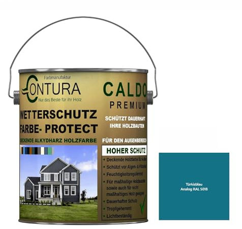 Contura Wetterschutzfarbe 2,5 Liter Holz Dauerschutzfarbe Deckend Buntlack Holzfarbe Holzlasur Seidenmatt (Türkisblau - RAL 5018 Analog)