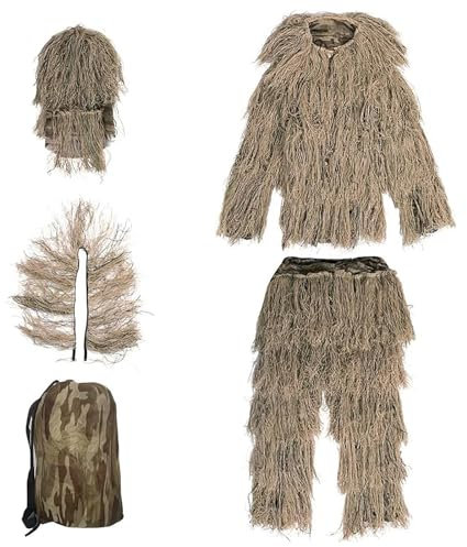 5-Teilige 3D Ghillie Suit Camouflage Jagdbekleidung Tarnanzug Herren Einschließlich Jacke,Hose,Kapuze,Tragetasche Airsoft Kleidung Set für Outdoor Jagdfotografie,DryGrass-Kids