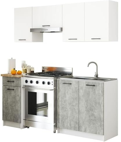 3E 3xE living.com Küchenzeile in Farbe: weiß | Beton, A: B: 180 cm, H: 203 cm, T: 46 cm
