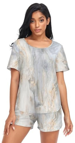 HMZXZ Damen Schlafanzug-Set Grau Marmor Textur Sommer Pyjama Woman Set,Golden Marmorierung Loungewear und Shorts Lounge Set Sleepwear Nachtwäsche