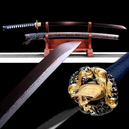 Samurai Schwert mit Musterstahl Klinge,Scheide aus massivem Holz mit Sprühfarbe,traditioneller Schmiedeprozess,echtes Katana für Cosplay,Geschenk,Sammeln,Heimdekoration,Kendo,Kampfsport,Ausstellung