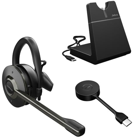 Jabra Engage 55 SE (Second Edition) Convertible Wireless Headset w/Charging Stand and Link 400 USB-C DECT Adapter – Works with All UC Platforms Like Google Meet & Zoom, Black